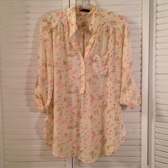 Xtaren Sheer Yellow Floral Tunic Cover-Up Blouse - Picture 1 of 11